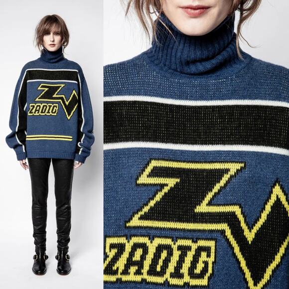 Zadig & Voltaire Défilé Roy Biker Logo Ocean Blue Jacquard Wool Cashmere Sweater - Picture 5 of 13